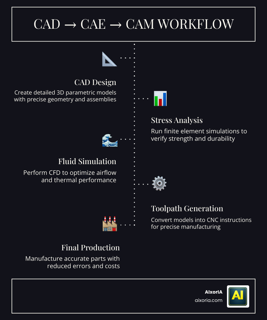 CAD CAE CAM integrated mechanical engineering workflow comparison infographic infographic