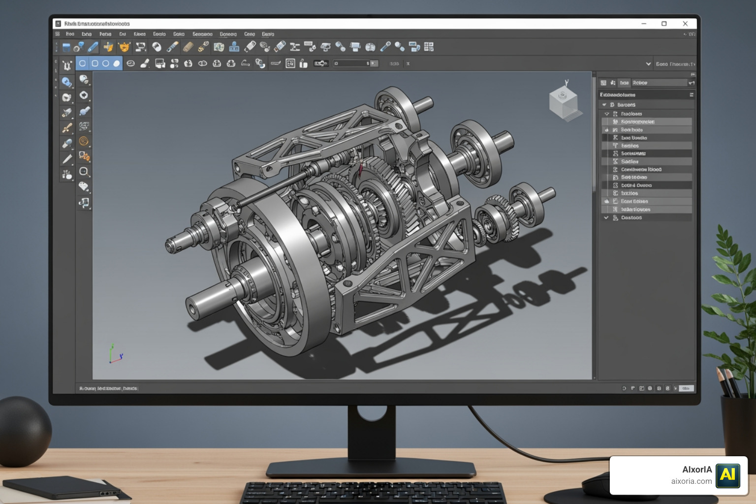 Complex 3D assembly in a modern CAD interface showing nested parts