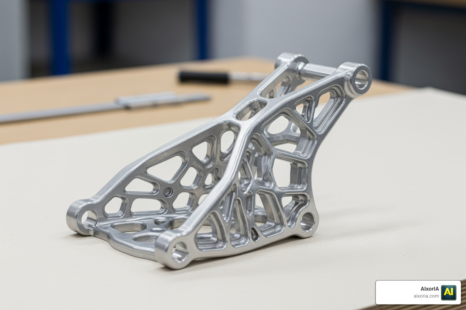 Generatively designed lightweight engine bracket showing organic lattice structures