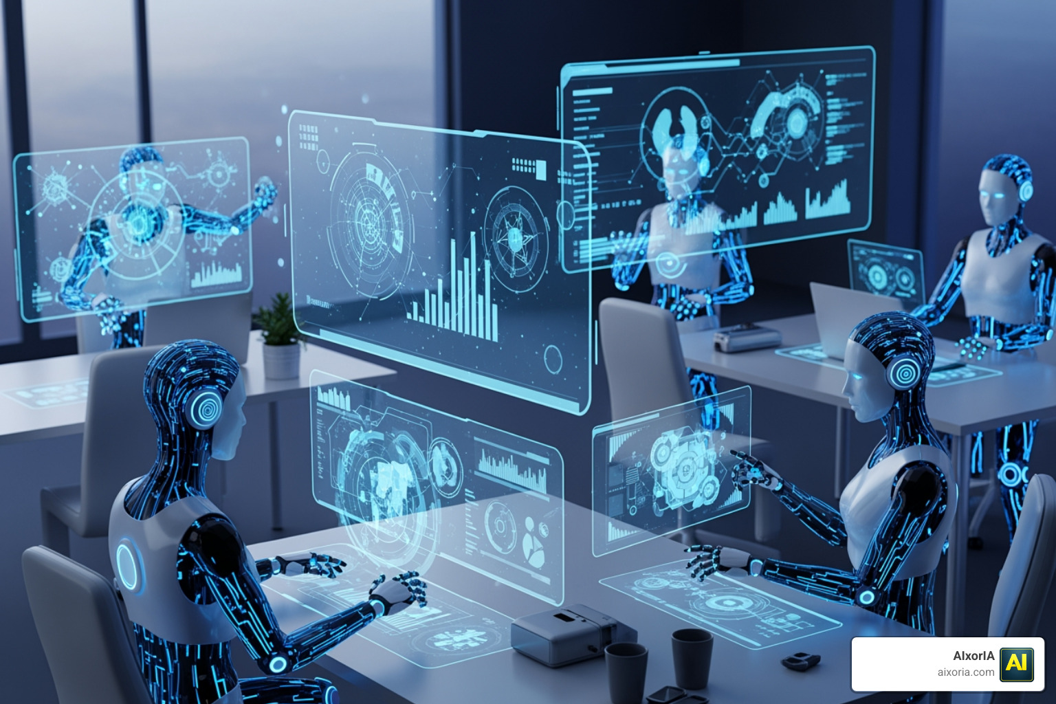 autonomous AI agents collaborating in a digital workspace