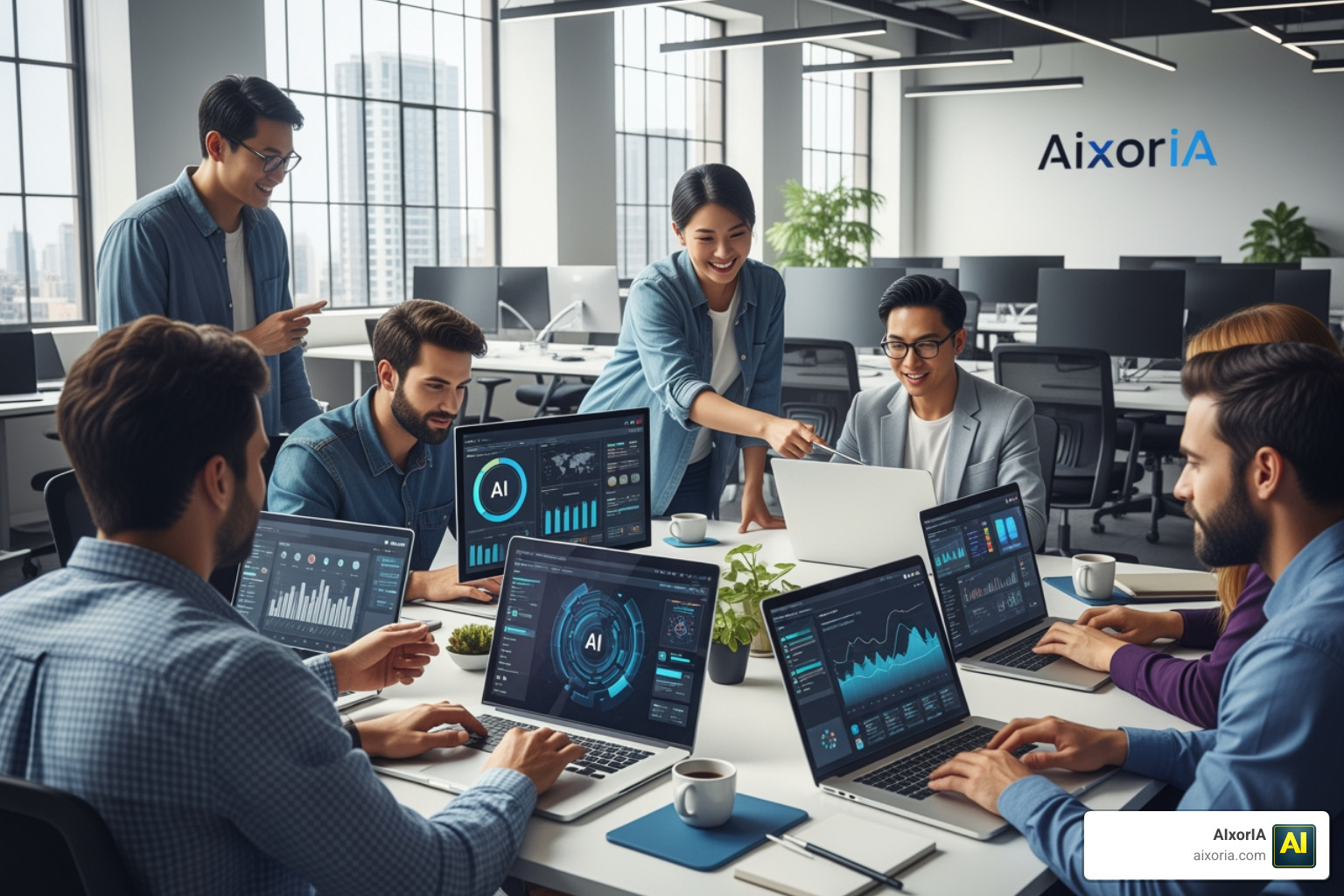 Digital marketing team using AI for content generation and data analysis