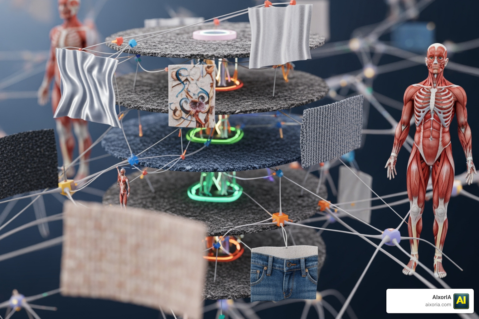 Neural network layers analyzing fabric textures and body anatomy Neural network layers analyzing fabric textures and body anatomy