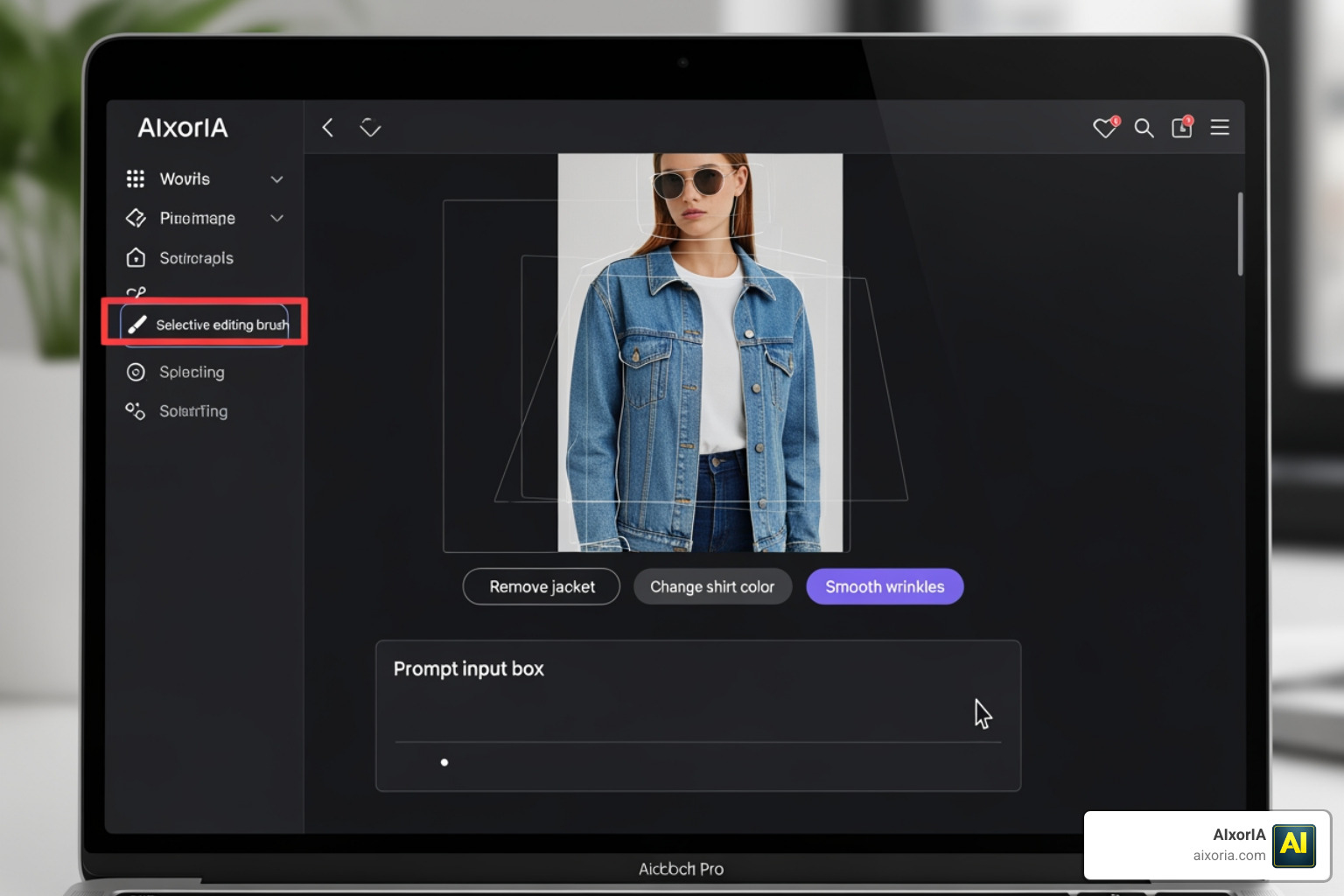 User interface showing selective editing brushes and AI prompt box User interface showing selective editing brushes and AI prompt box