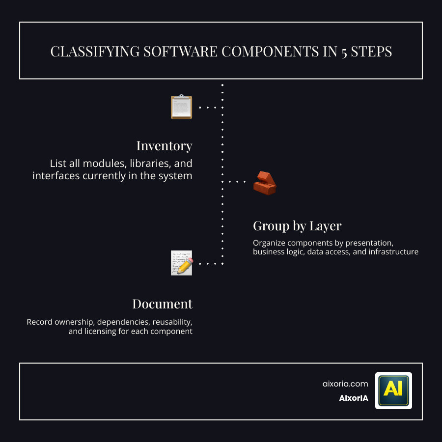 Infographic showing 5 dimensions of software component classification with benefits like reduced costs and faster delivery