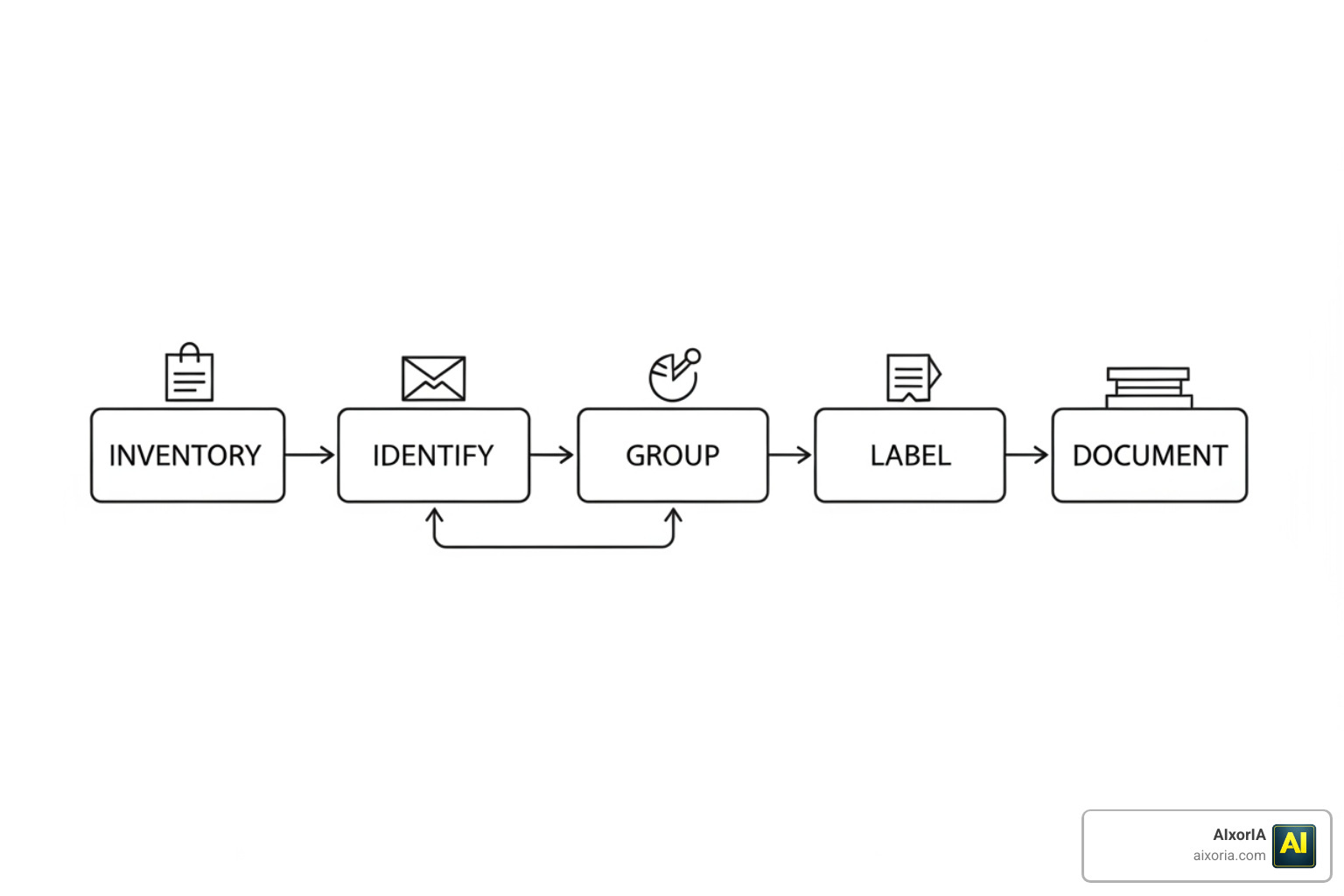 Diagram of a 5-step classification workflow: Inventory, Identify, Group, Label, Document