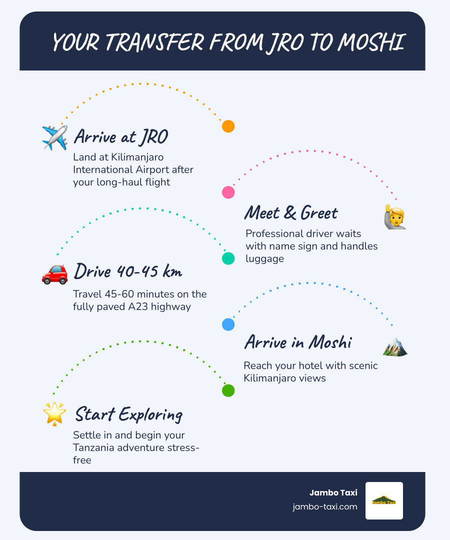 Infographic showing JRO arrival steps, transfer options, distances, costs, and travel times to Moshi infographic
