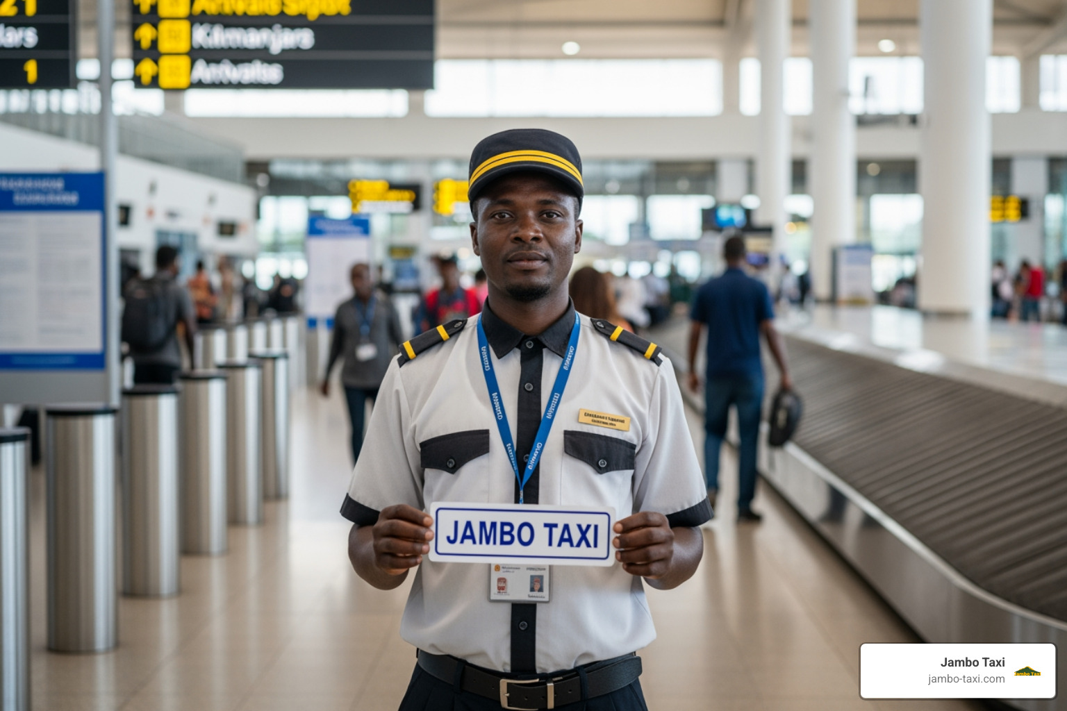 A professional driver holding a Jambo Taxi sign at the JRO arrivals gate