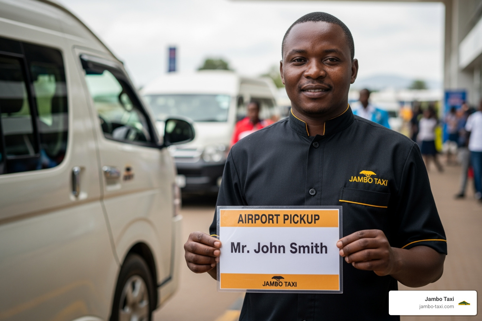 Professional driver in Arusha holding a name sign for airport pickup