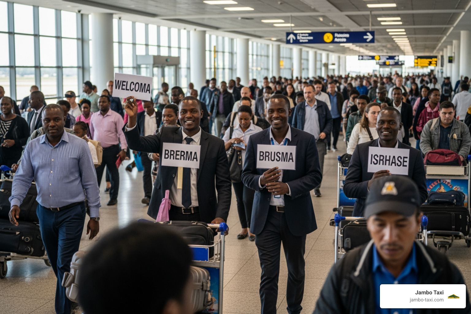The arrivals hall at Arusha Airport where drivers wait with name signs