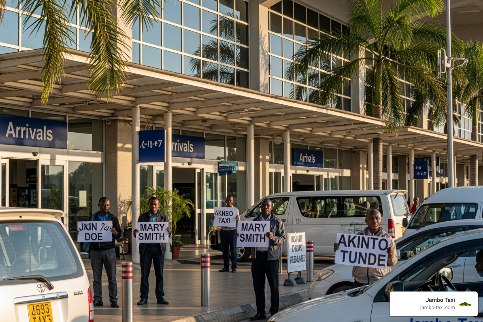 JRO arrivals terminal exit where Jambo Taxi drivers wait with name signs JRO arrivals terminal exit where Jambo Taxi drivers wait with name signs