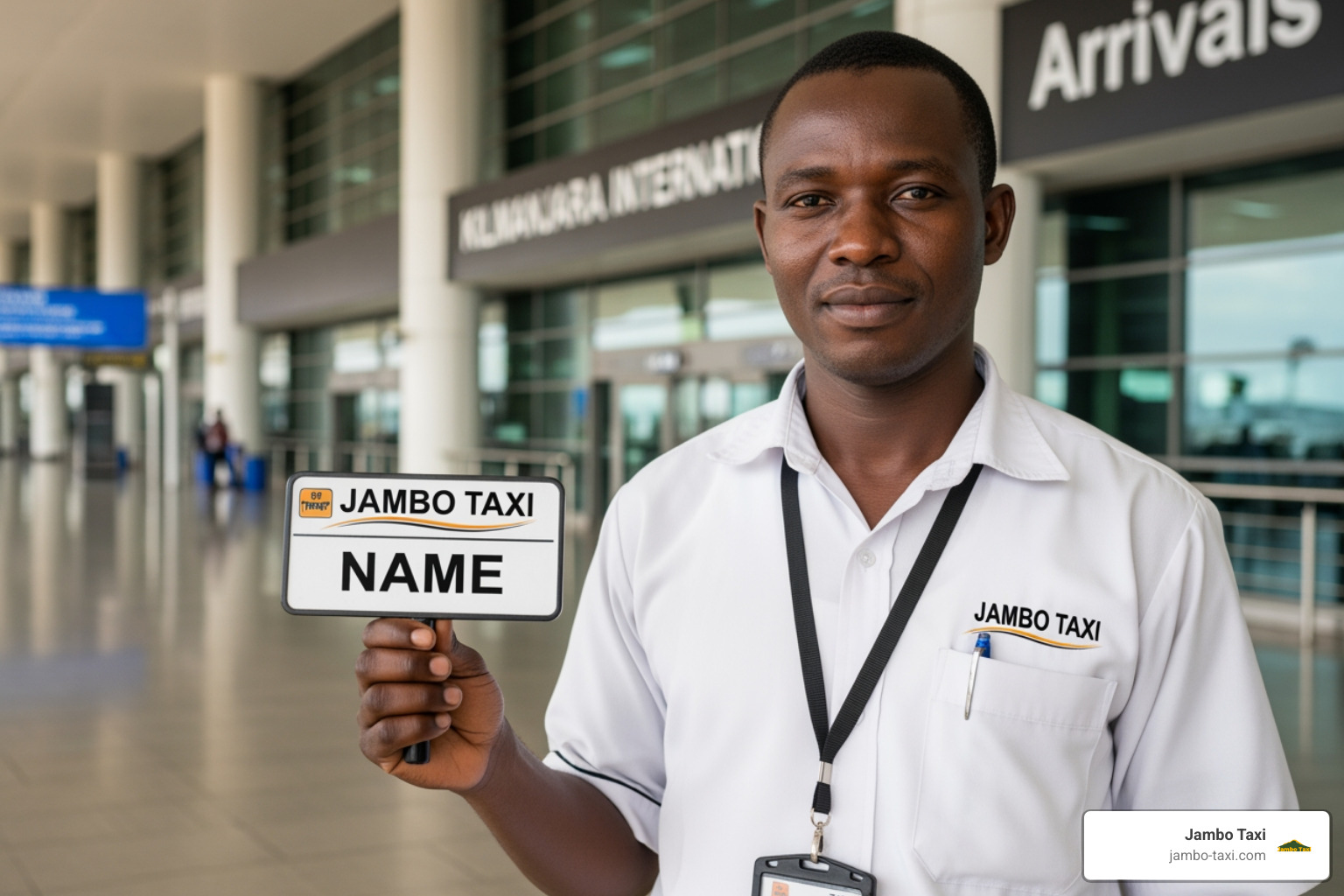 A professional Jambo Taxi driver holding a personalized name sign at JRO arrivals A professional Jambo Taxi driver holding a personalized name sign at JRO arrivals