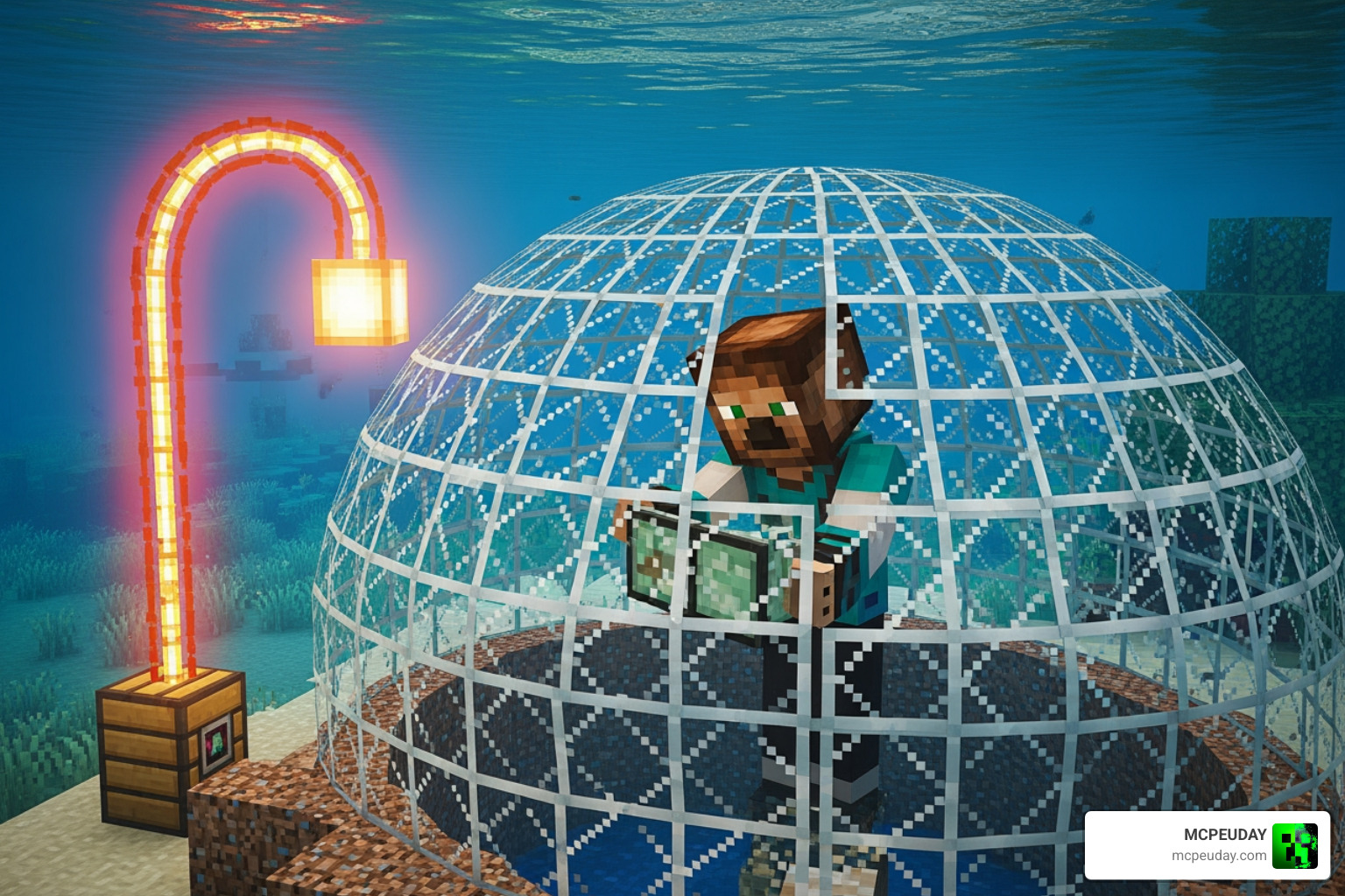 A player building a glass dome underwater with a Conduit active nearby