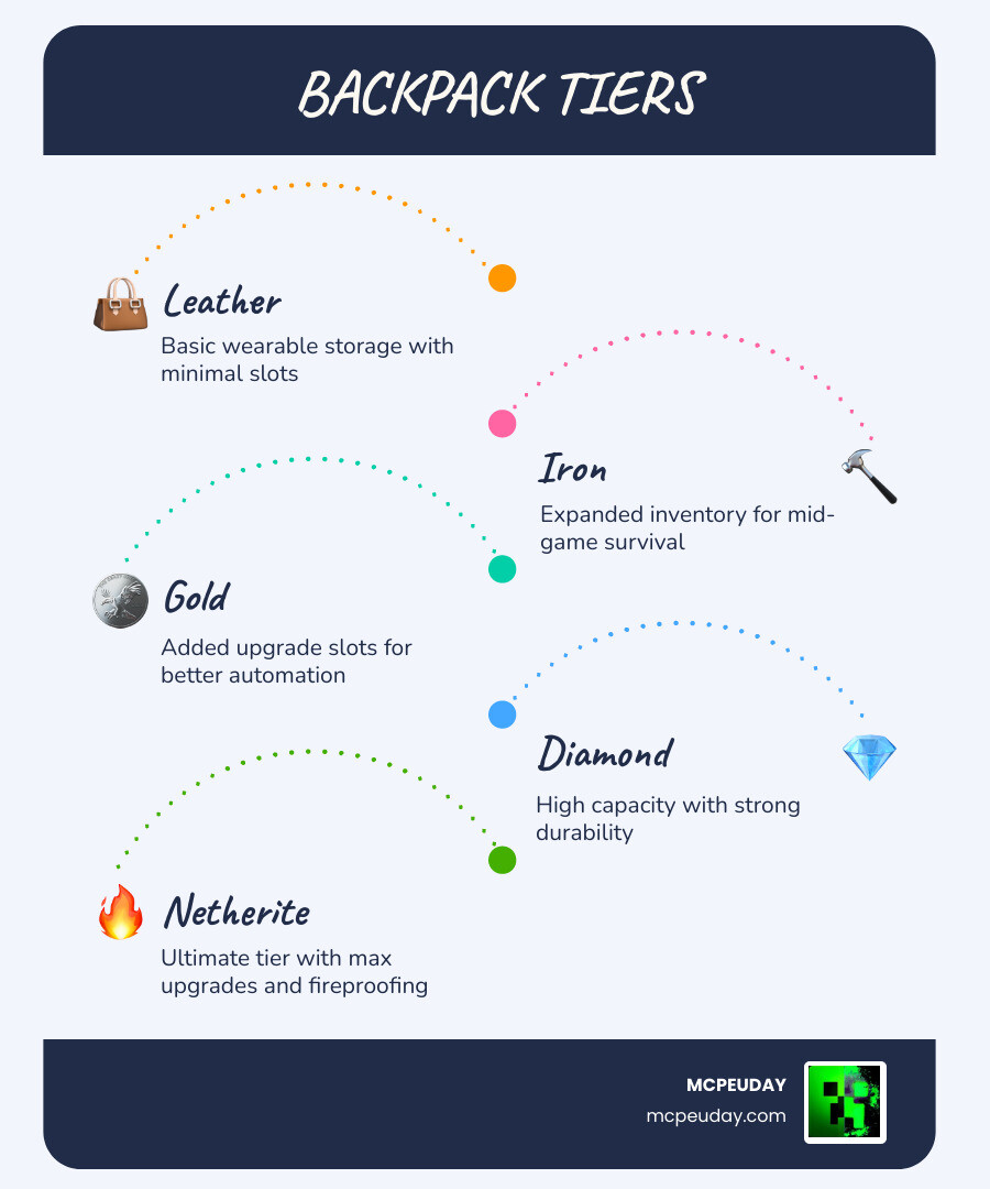 Sophisticated Backpacks mod tier progression from Leather to Netherite with slot and upgrade counts infographic Sophisticated Backpacks mod tier progression from Leather to Netherite with slot and upgrade counts infographic