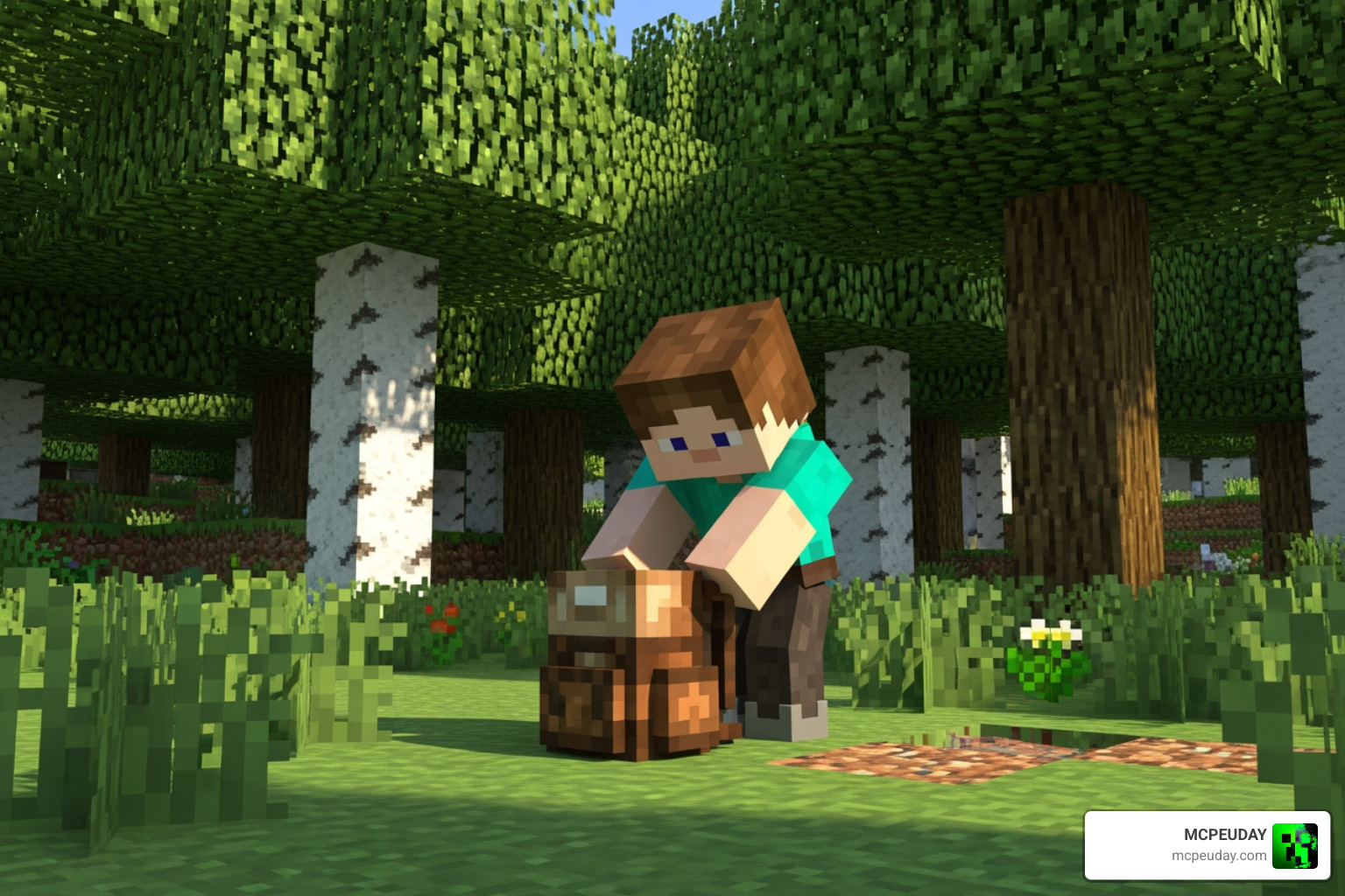 A player placing a backpack on the ground in a forest biome A player placing a backpack on the ground in a forest biome