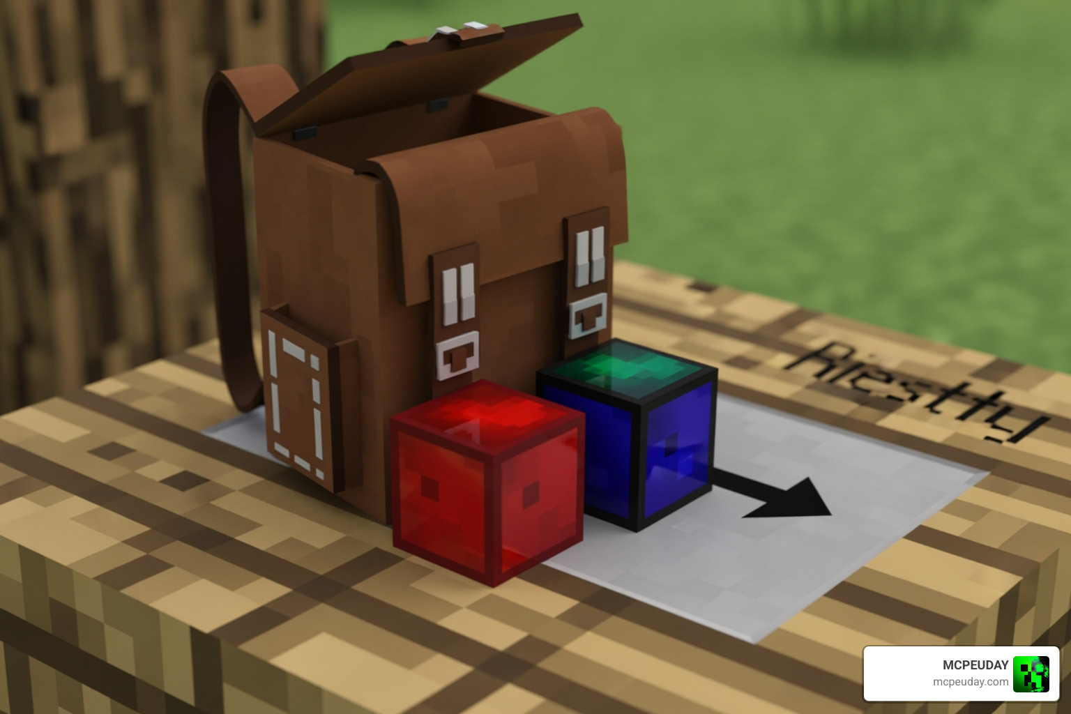 A crafting table showing the two-color dyeing process for a backpack A crafting table showing the two-color dyeing process for a backpack