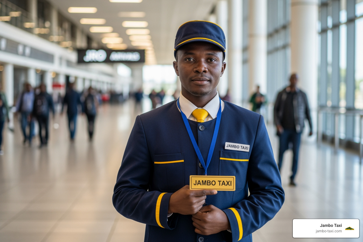A professional driver in a Jambo Taxi uniform holding a nameplate in the JRO arrivals hall