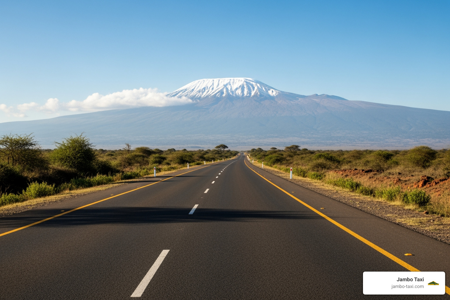 The paved A23 highway stretching toward Moshi with Mount Kilimanjaro in the background