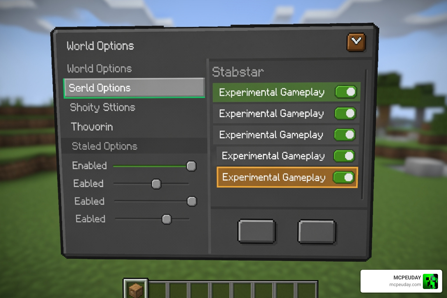 Minecraft settings menu for Experimental Gameplay