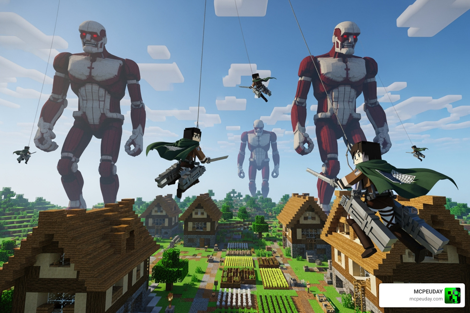 Titans roaming a Minecraft village with players using ODM gear Titans roaming a Minecraft village with players using ODM gear