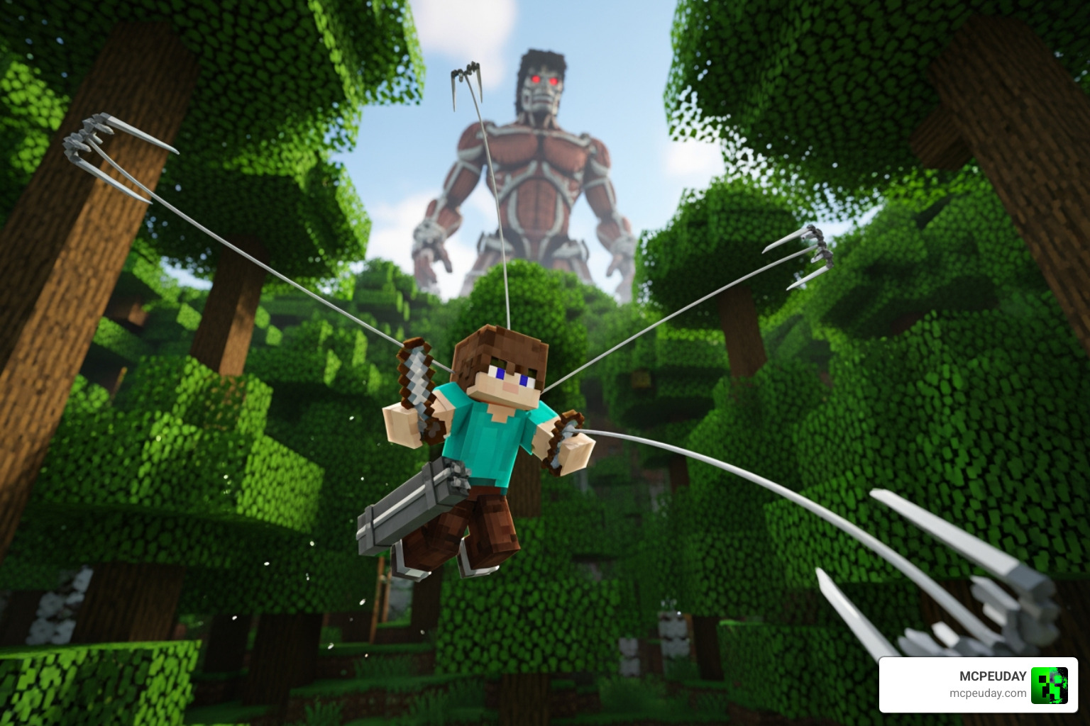 A player using the grappling hook to swing through trees toward a Titan A player using the grappling hook to swing through trees toward a Titan