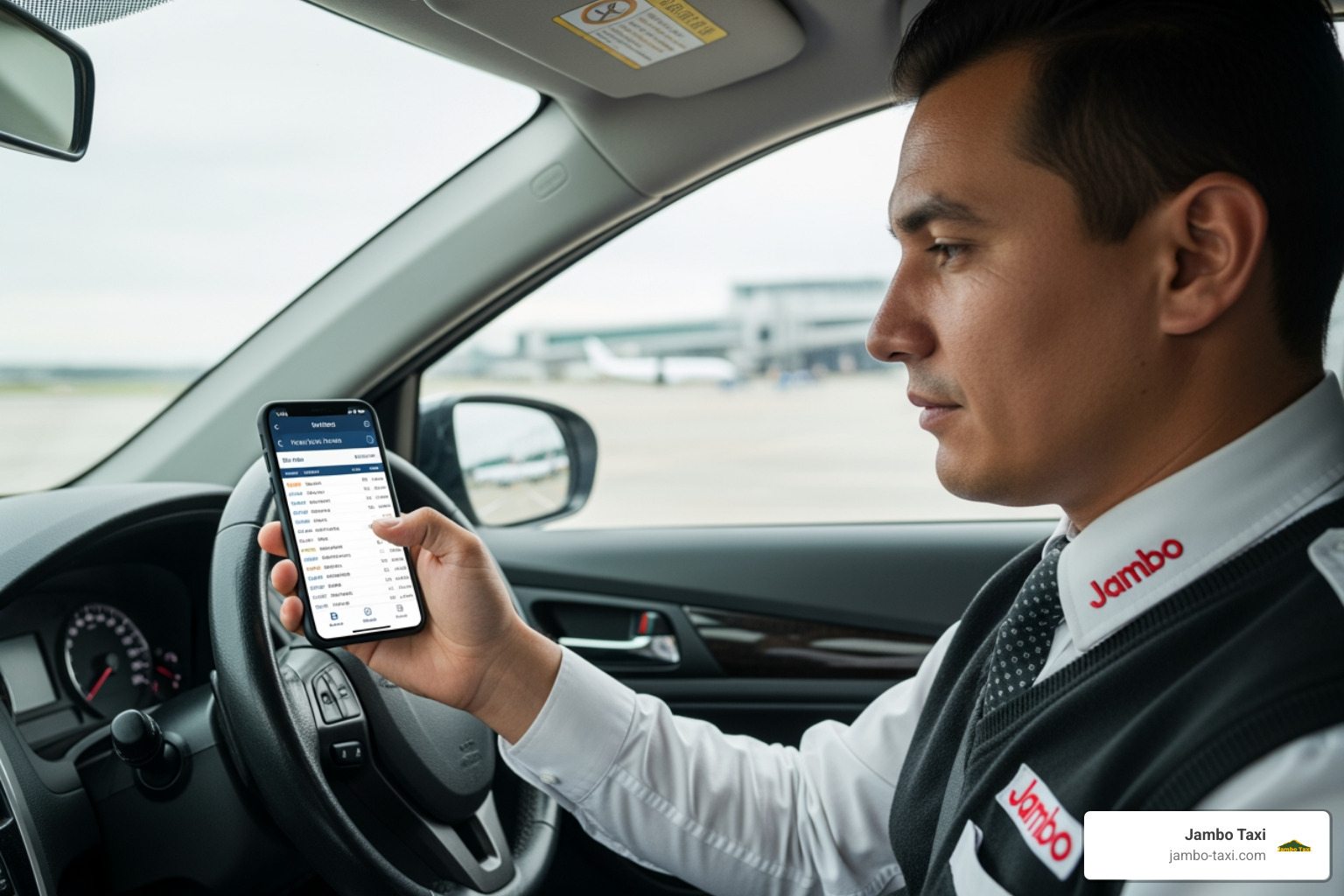 Driver checking real-time flight status on a smartphone to ensure punctual pickup