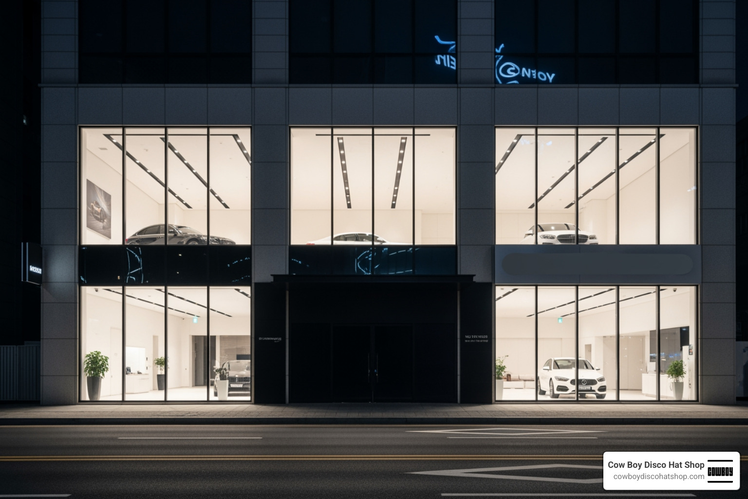 Closed luxury car dealership in Seoul with empty windows Closed luxury car dealership in Seoul with empty windows