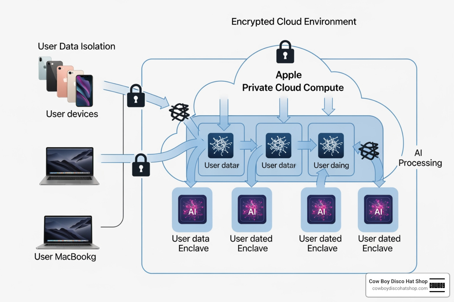 Diagram of Apple's Private Cloud Compute showing how user data is isolated during AI processing
