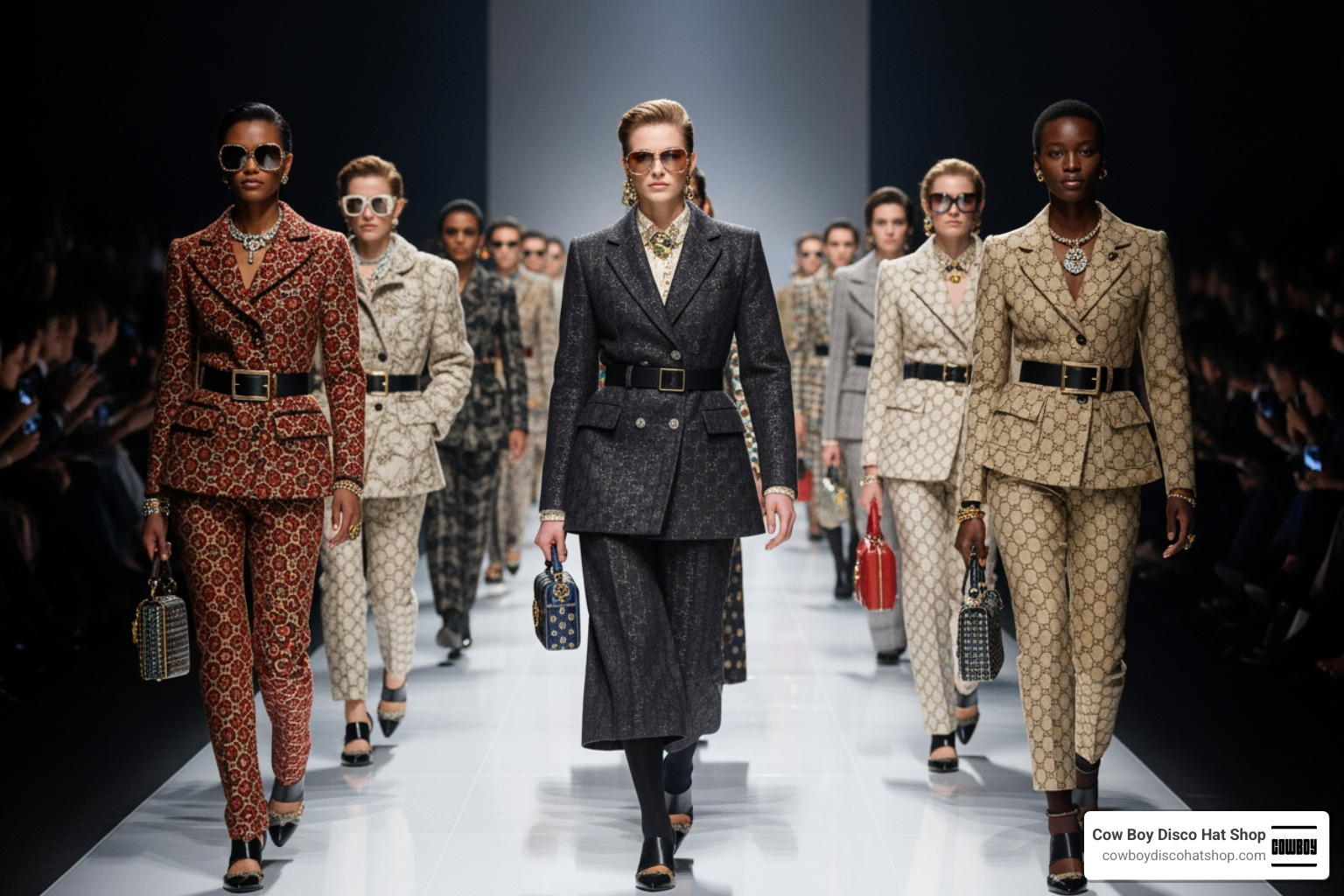 Lead models walking the runway in signature 2027 Gucci looks