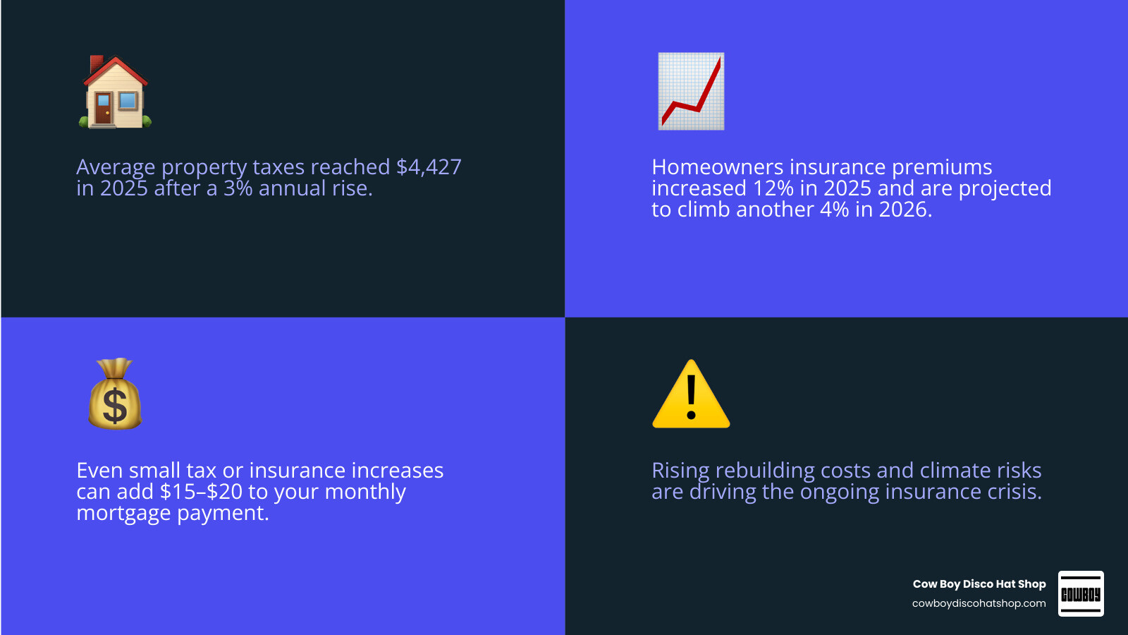 Table comparing average property tax and insurance costs from 2024 to 2026 infographic