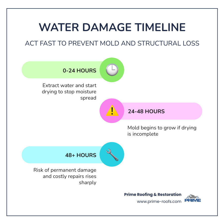 24-hour water damage timeline showing mold growth, structural damage stages, and restoration steps infographic