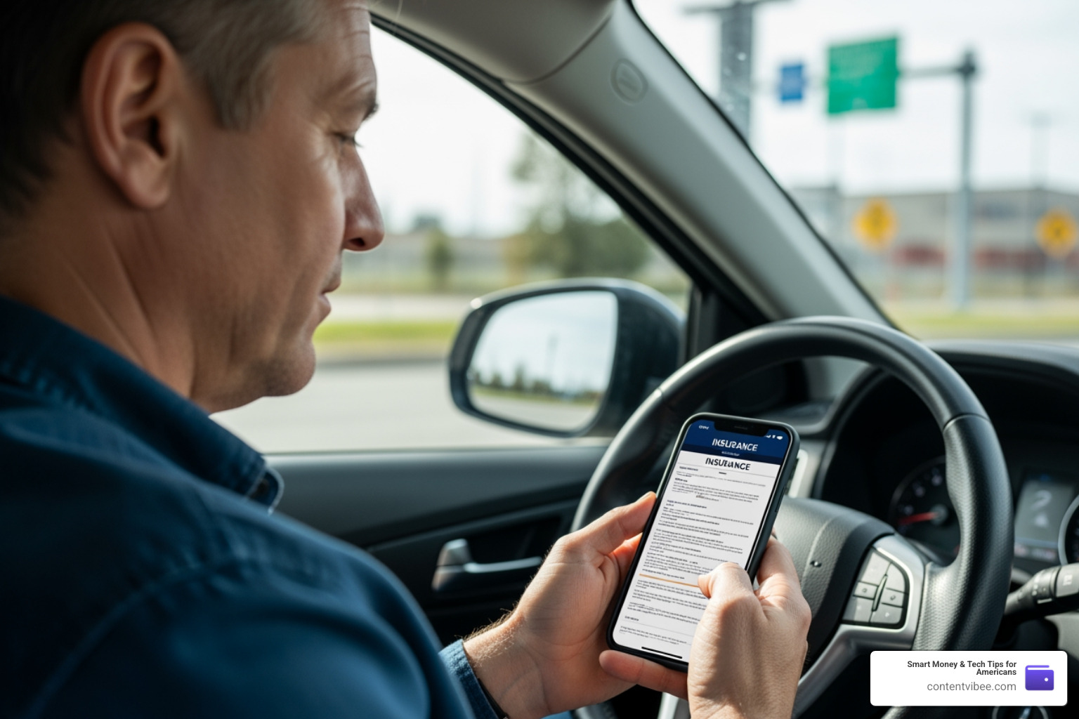 driver reviewing insurance documents on a smartphone driver reviewing insurance documents on a smartphone