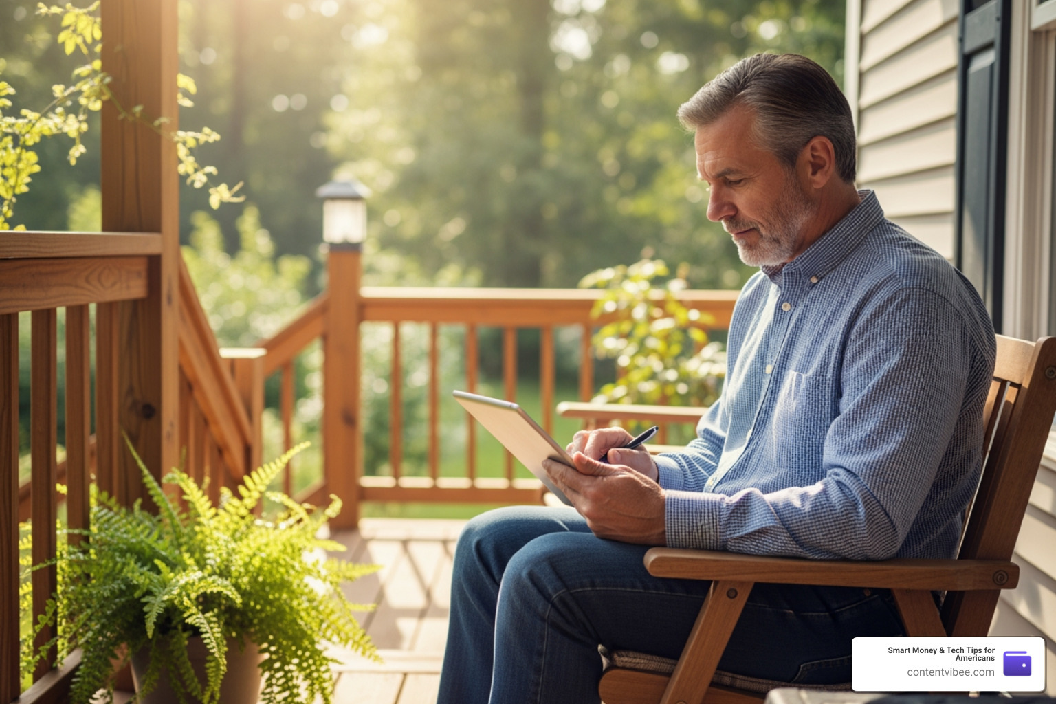 A person comparing car insurance rates on a tablet while sitting on a porch