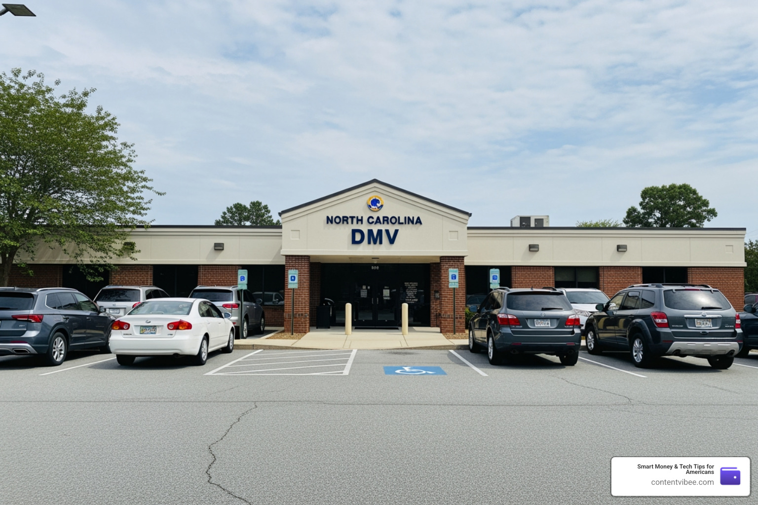 North Carolina DMV office exterior with cars parked in front