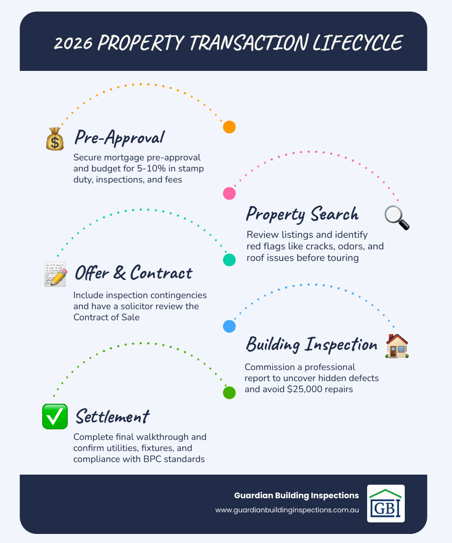 Real estate transaction lifecycle infographic from pre-approval to settlement for Melbourne buyers and sellers 2026