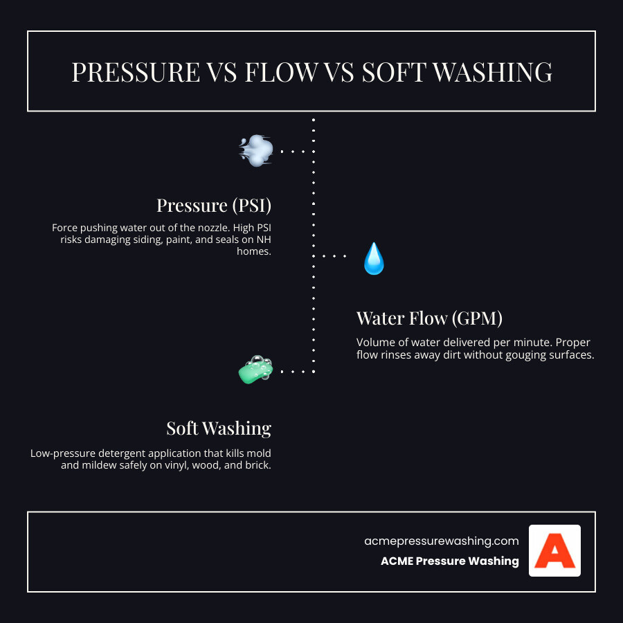 PSI vs GPM vs soft washing explained for NH exterior house cleaning infographic infographic