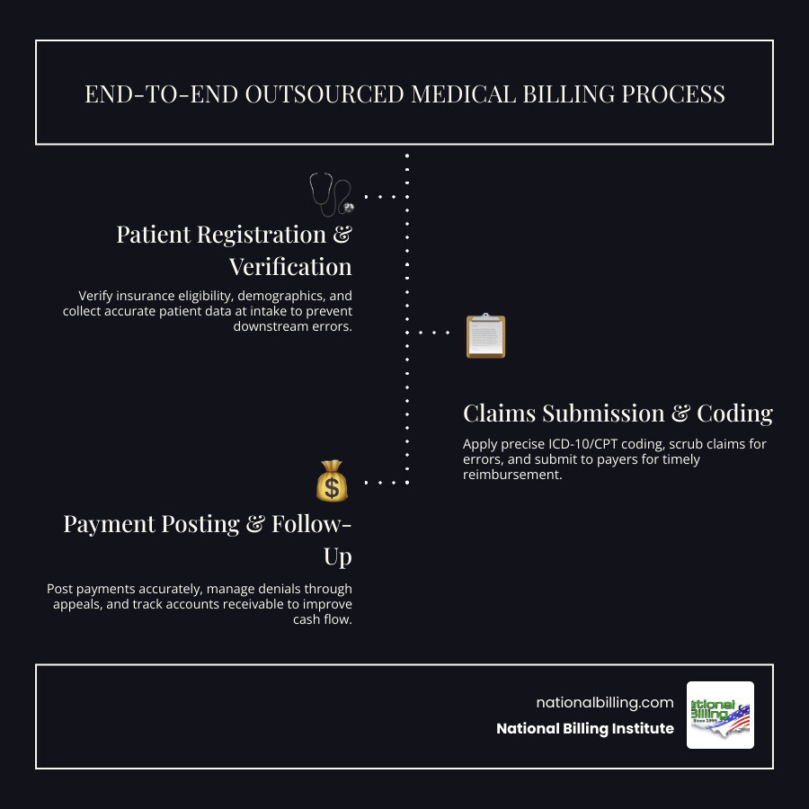 End-to-end outsourced medical billing process from patient registration to collections infographic infographic