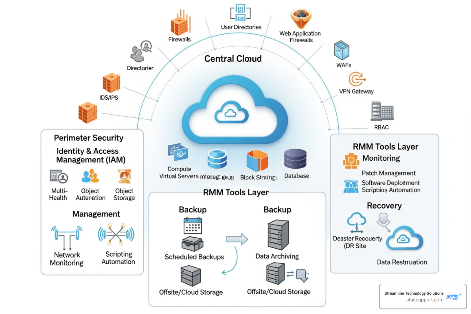 Secure cloud infrastructure diagram showing RMM tools, backup, and recovery layers Secure cloud infrastructure diagram showing RMM tools, backup, and recovery layers