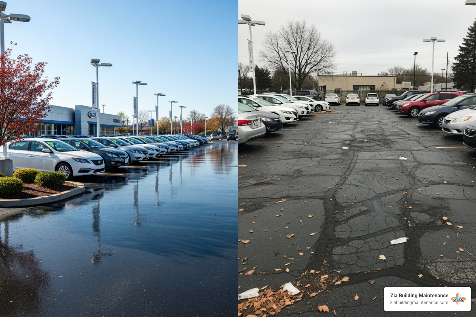 Comparison of a clean vs. dirty car lot showing the difference in curb appeal Comparison of a clean vs. dirty car lot showing the difference in curb appeal