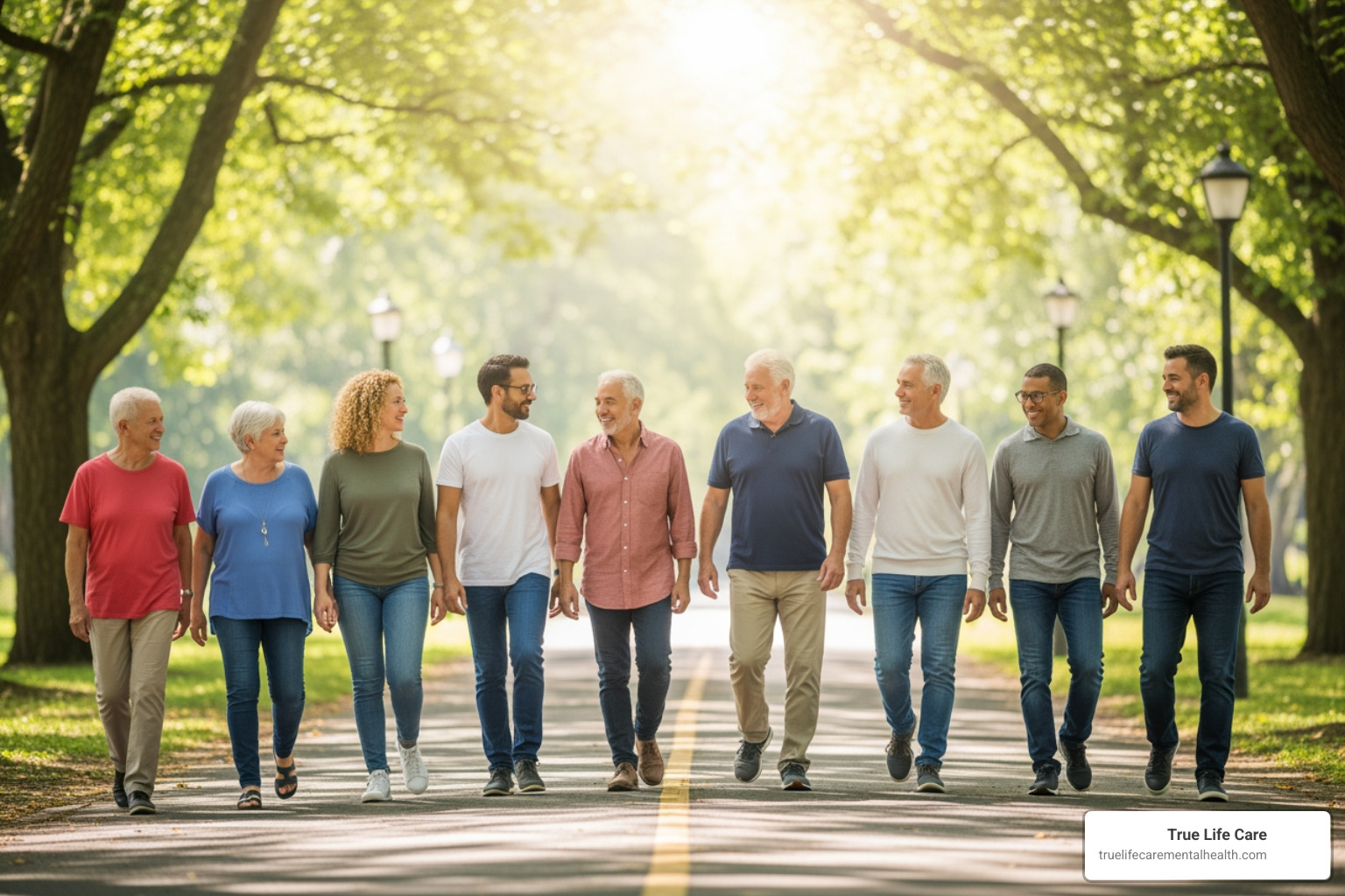 A group of people walking together in a park symbolizing the journey toward mental health recovery
