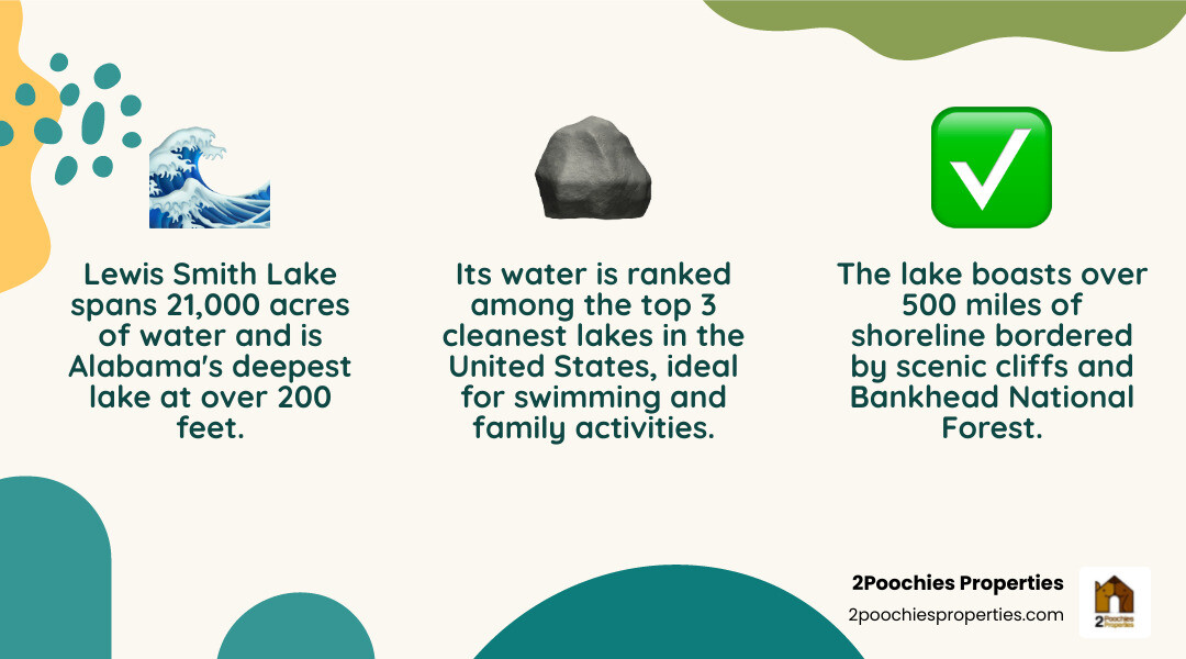 Lewis Smith Lake vacation rental facts infographic with water size, shoreline miles, water quality ranking, and pet-friendly