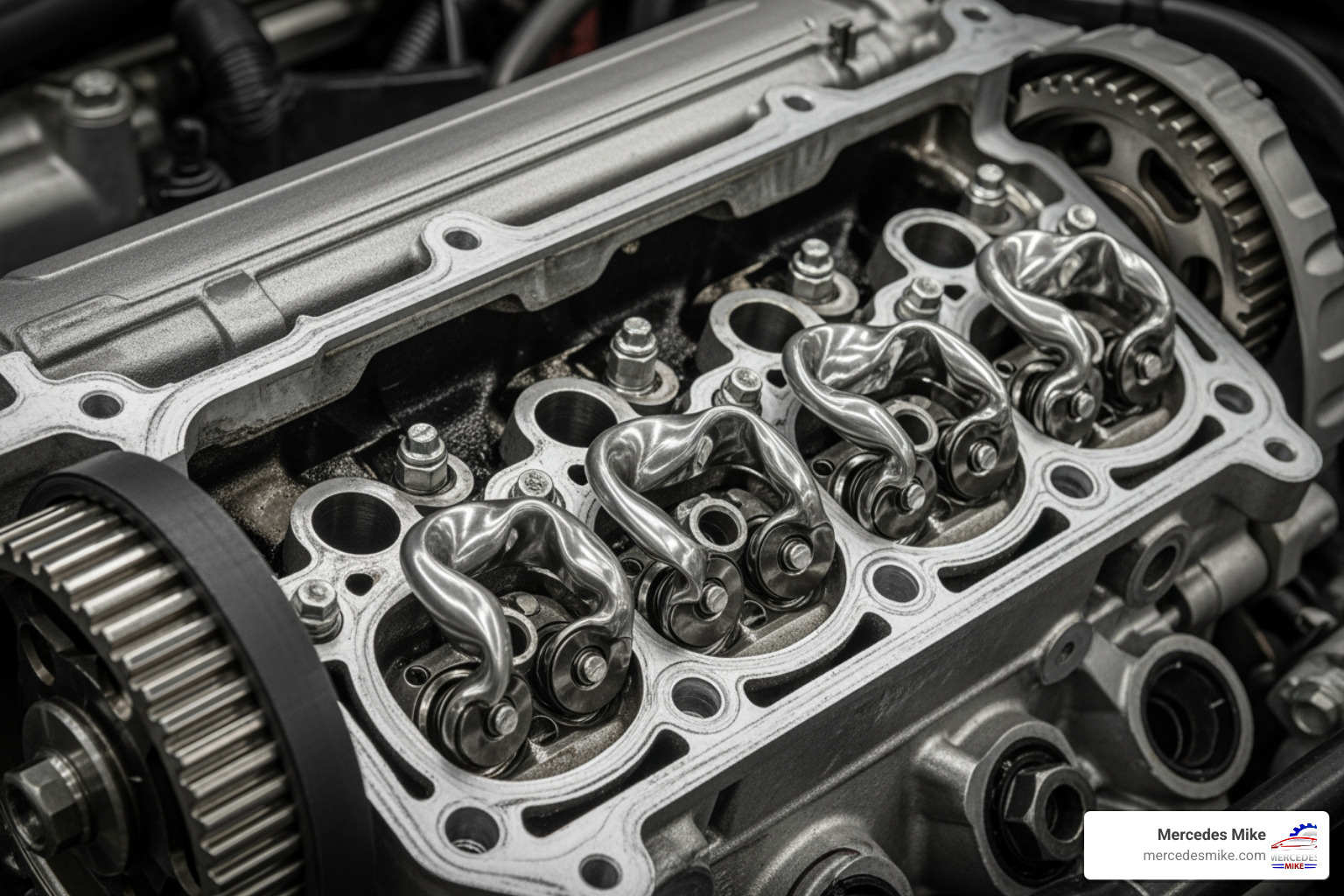 Internal engine view showing bent valves after a timing belt failure