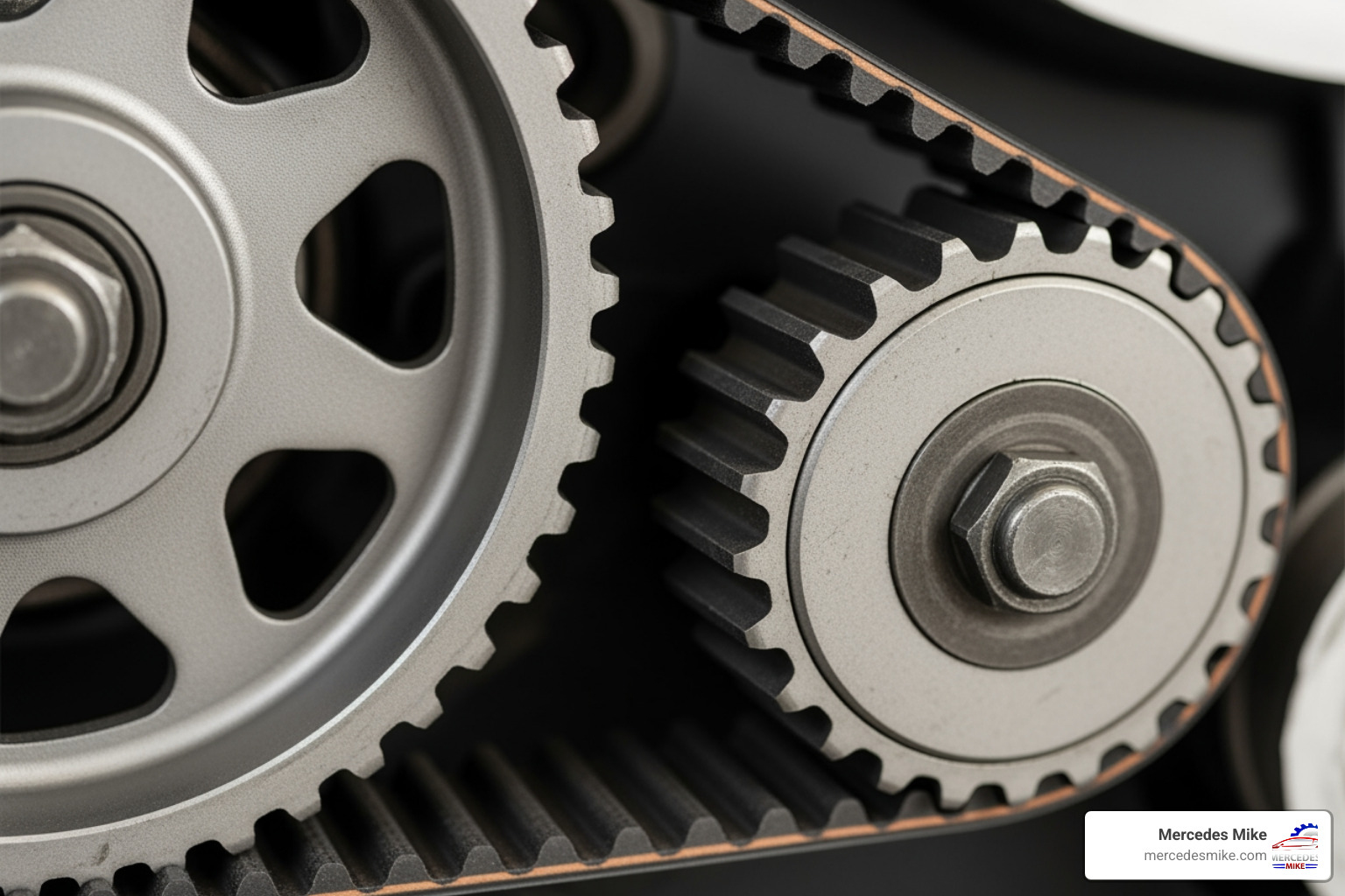 A reinforced rubber timing belt showing the teeth that synchronize engine components