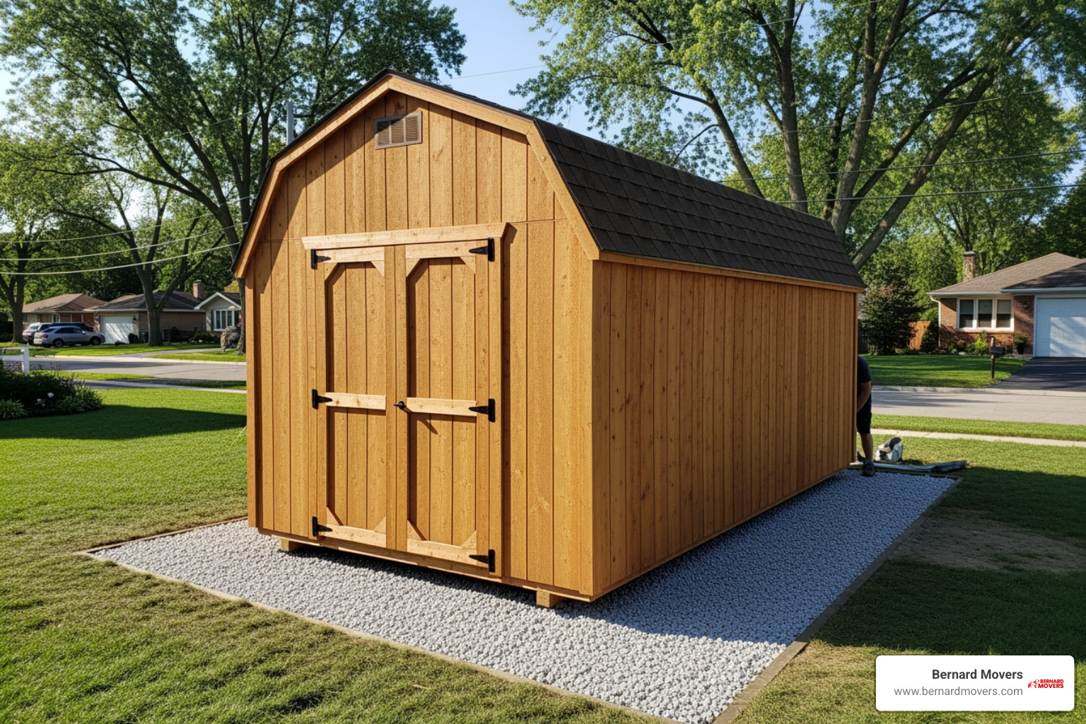 A large wooden shed being perfectly placed on a new gravel foundation in a Chicago suburb A large wooden shed being perfectly placed on a new gravel foundation in a Chicago suburb