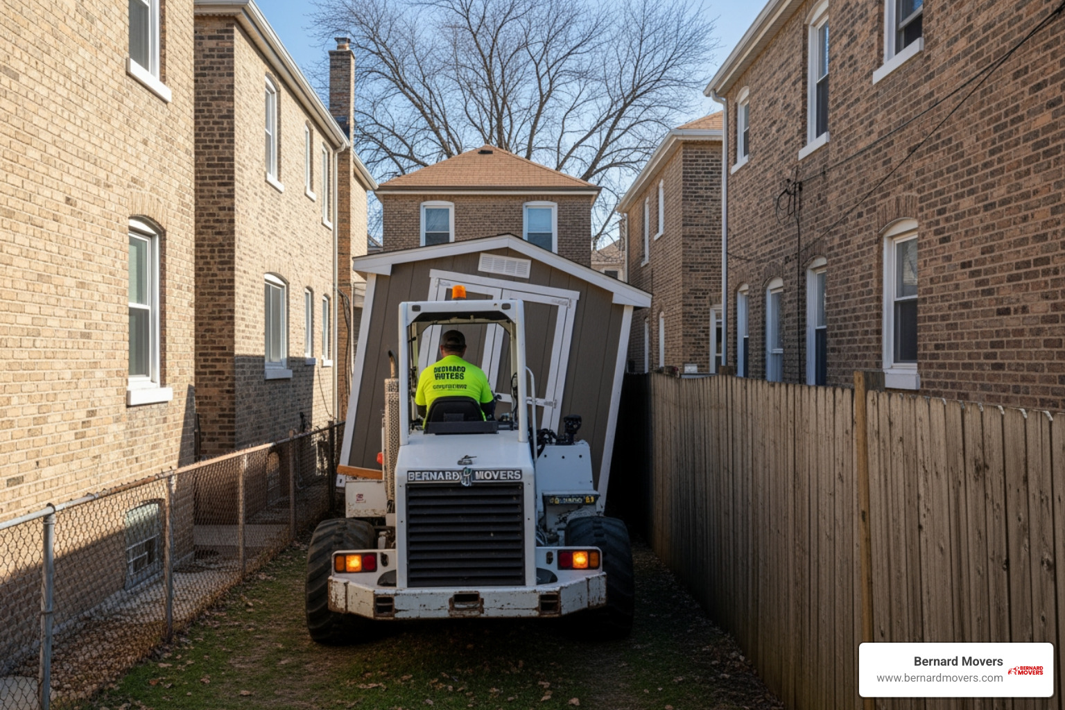 A professional shed mule navigating a tight backyard space in Melrose Park A professional shed mule navigating a tight backyard space in Melrose Park