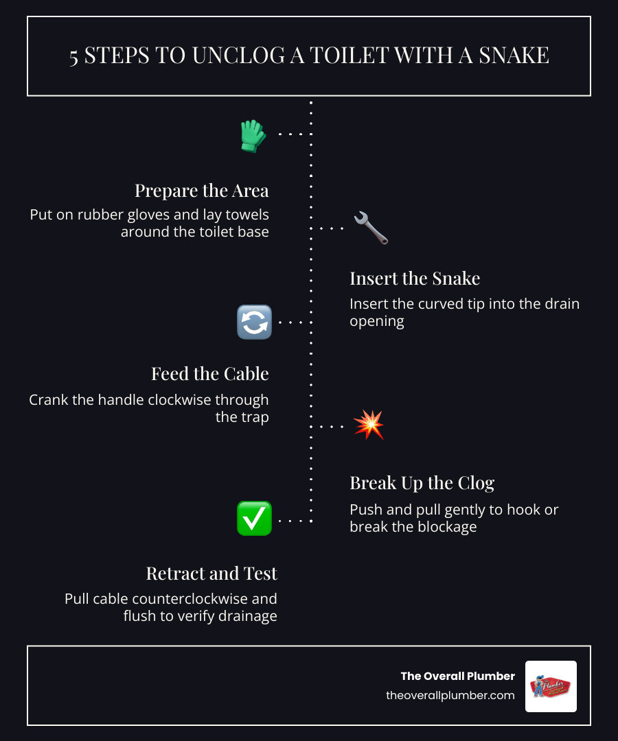 Infographic showing toilet S-trap anatomy, common clog locations, and 5-step snake process infographic