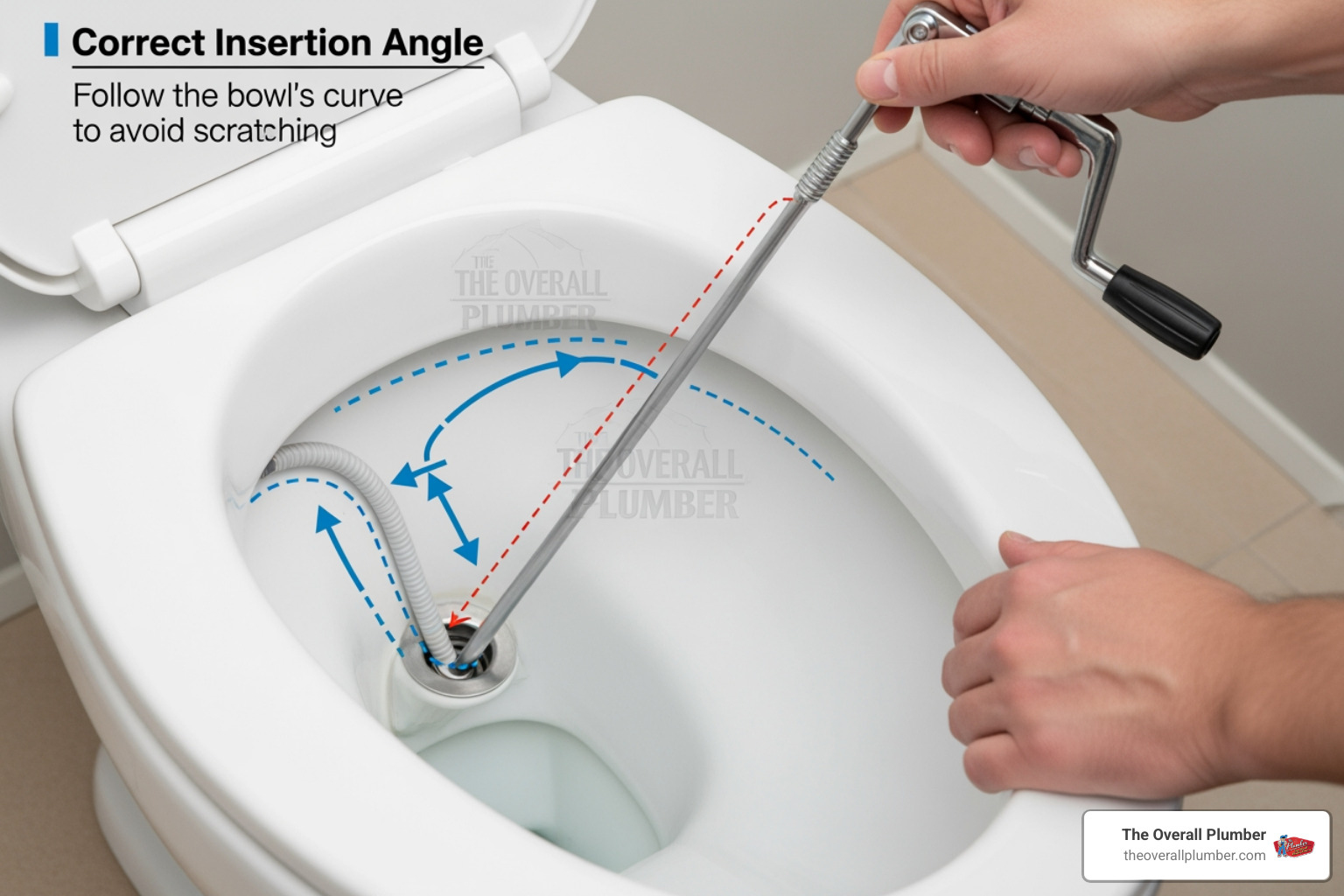 Diagram showing the correct angle to insert a closet auger into the toilet throat