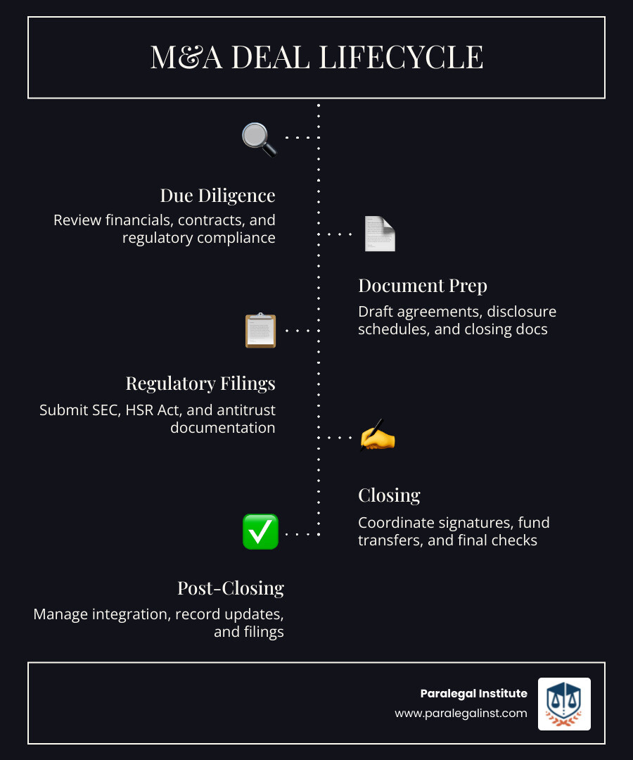M&A deal lifecycle infographic showing due diligence, document prep, regulatory filings, closing, and post-closing steps