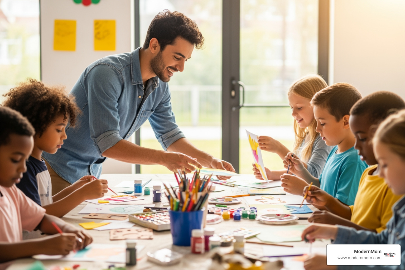 A smiling counselor leading children in an arts and crafts activity at a kids club A smiling counselor leading children in an arts and crafts activity at a kids club