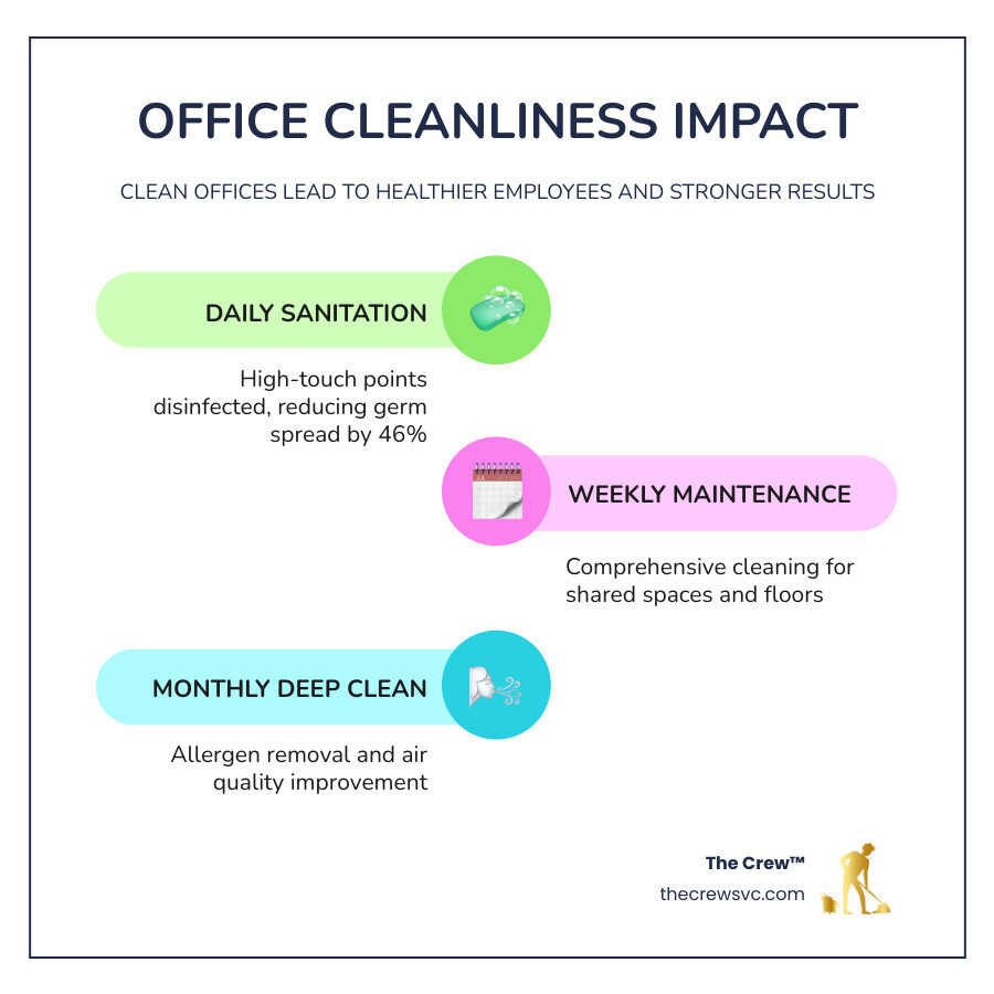 Infographic showing impact of office cleanliness on employee health, sick days, and productivity infographic Infographic showing impact of office cleanliness on employee health, sick days, and productivity infographic