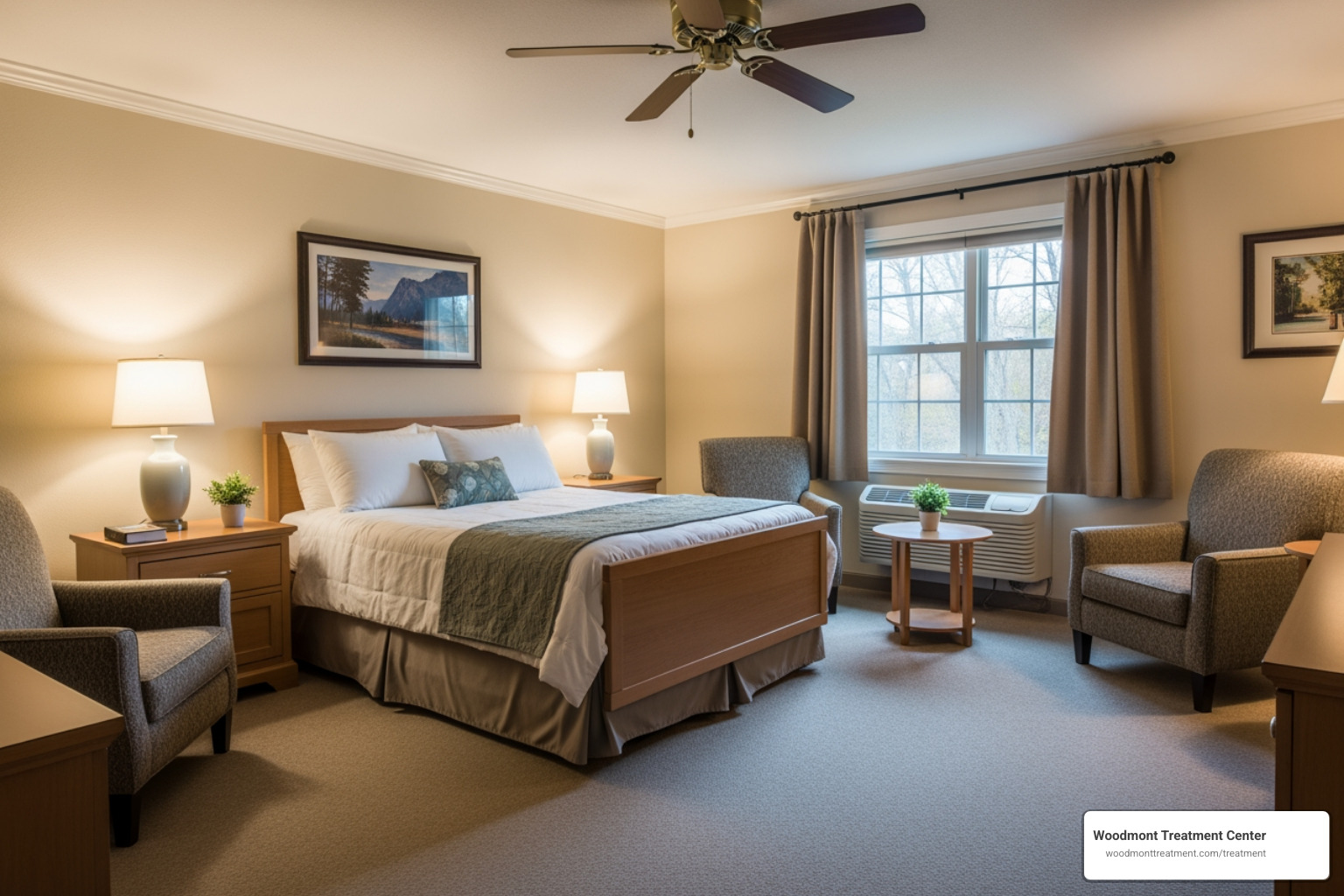 A comfortable, non-hospital residential suite featuring soft lighting and home-like furnishings at Woodmont